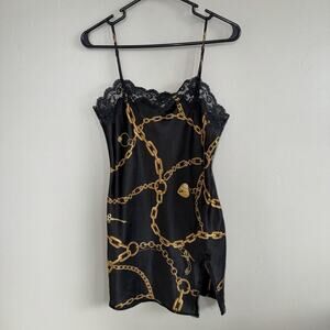 Y2K Victoria’s Secret Black Satin Slip Dress Gold Chain Lock Print Lace Size S